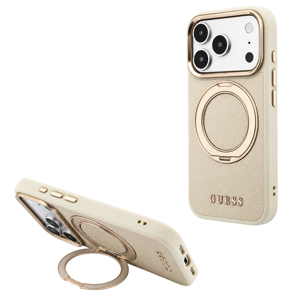 Husă Guess Grained Leather Ring Stand 360 Classic MagSafe pentru iPhone 17 Pro Max – bej — imagine 2