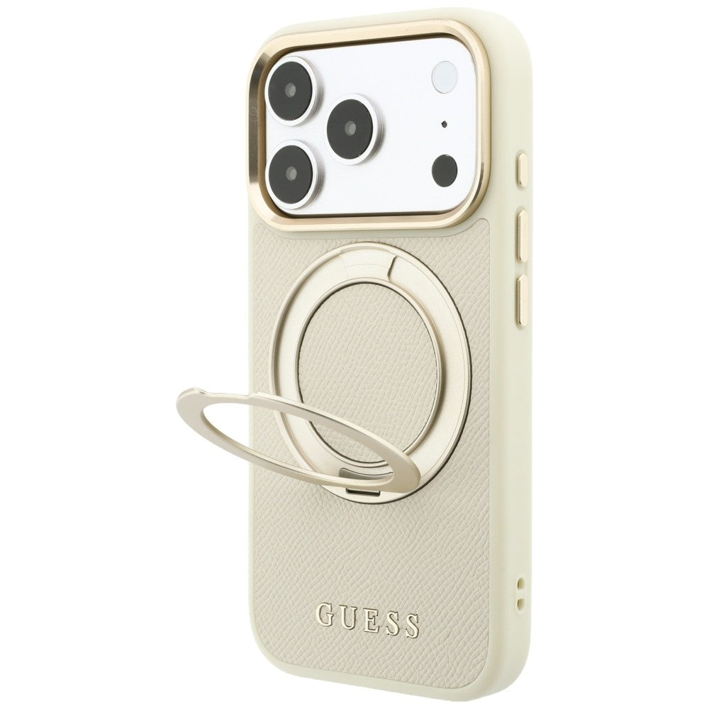Husă Guess Grained Leather Ring Stand 360 Classic MagSafe pentru iPhone 17 Pro Max – bej — imagine 3