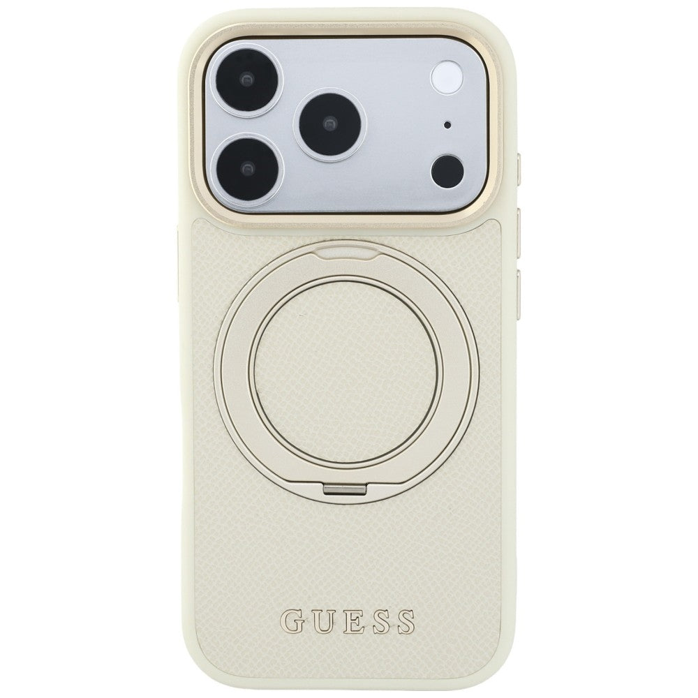 Husă Guess Grained Leather Ring Stand 360 Classic MagSafe pentru iPhone 17 Pro Max – bej — imagine 4