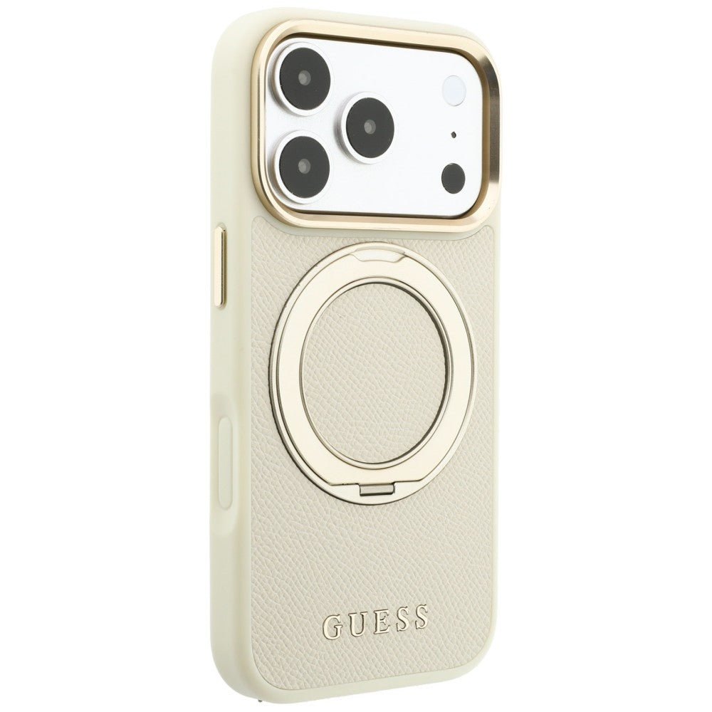 Husă Guess Grained Leather Ring Stand 360 Classic MagSafe pentru iPhone 17 Pro Max – bej — imagine 5