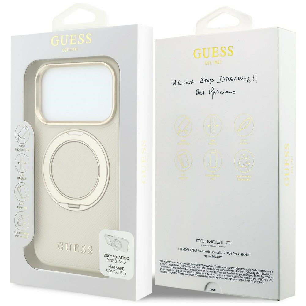 Husă Guess Grained Leather Ring Stand 360 Classic MagSafe pentru iPhone 17 Pro Max – bej — imagine 7