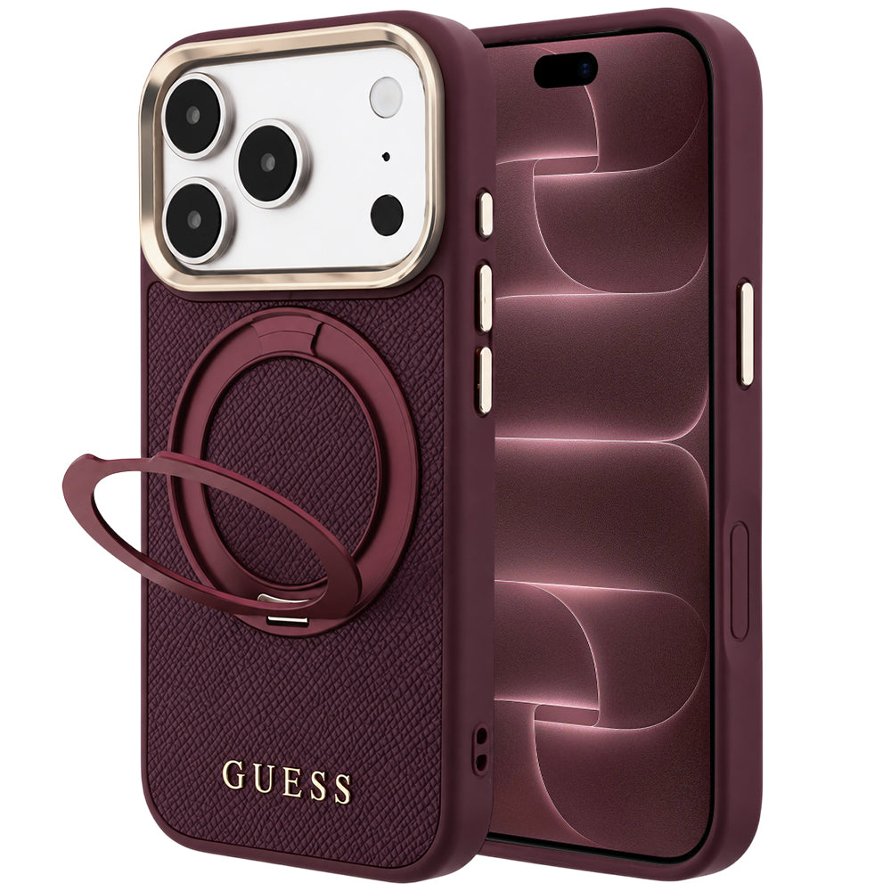 Husă Guess Grained Leather Ring Stand 360 Classic MagSafe pentru iPhone 17 Pro Max – burgundy — imagine 1