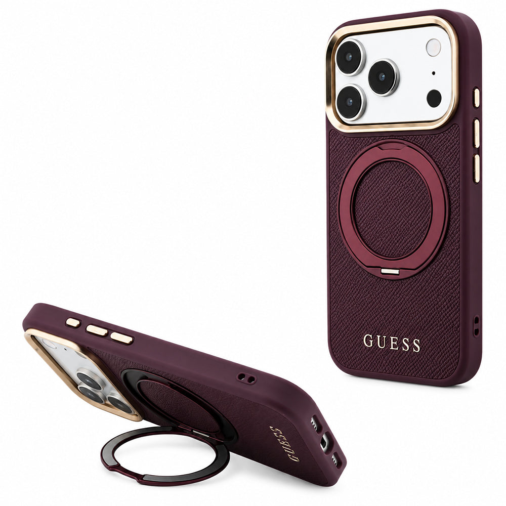Husă Guess Grained Leather Ring Stand 360 Classic MagSafe pentru iPhone 17 Pro Max – burgundy — imagine 2
