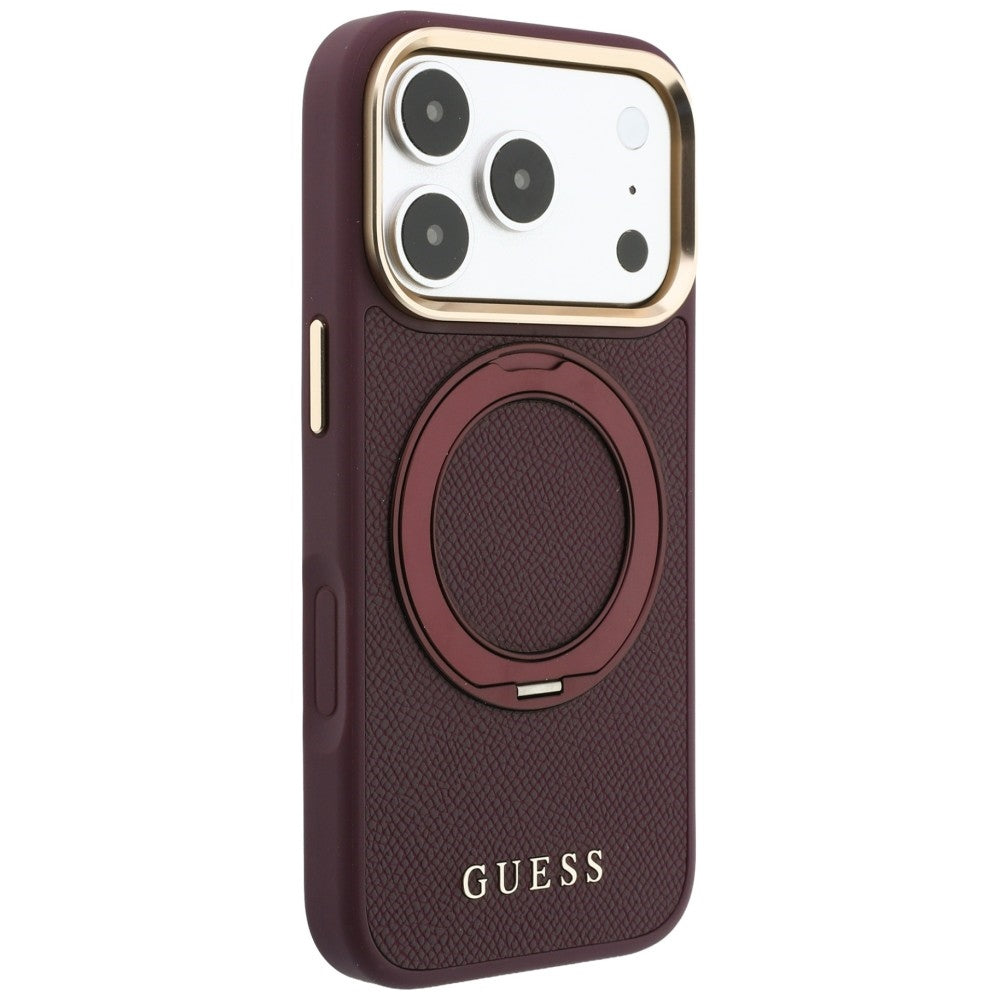 Husă Guess Grained Leather Ring Stand 360 Classic MagSafe pentru iPhone 17 Pro Max – burgundy — imagine 4