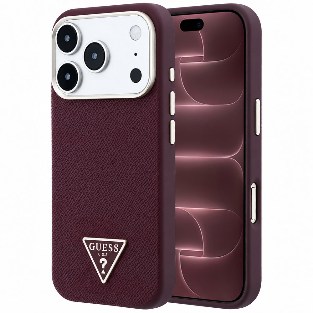 Husă Guess Grained Triangle Logo MagSafe pentru iPhone 17 Pro Max – burgundy — imagine 1