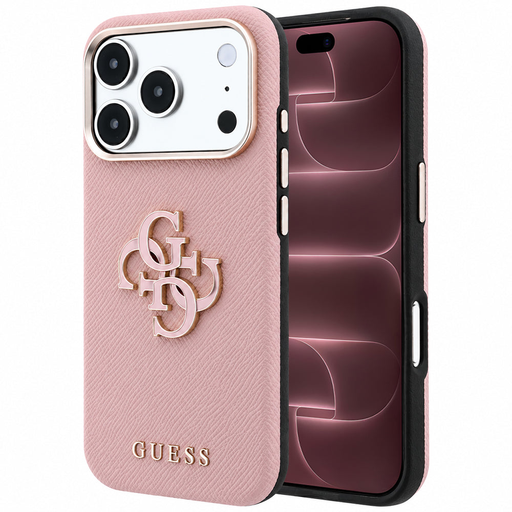 Husă Guess Grained Leather and Big Resin Logo pentru iPhone 17 Pro Max – roz — imagine 1