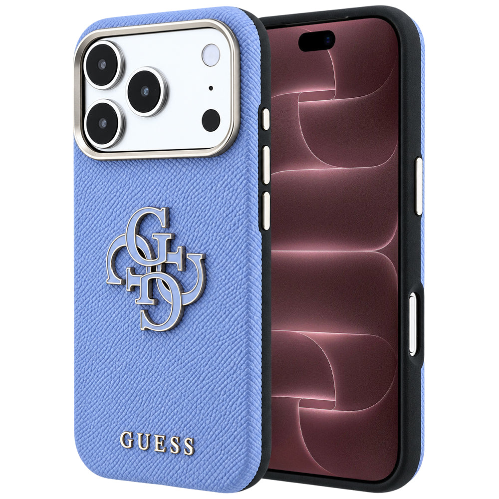 Husă Guess Grained Leather and Big Resin Logo pentru iPhone 17 Pro Max – albastru deschis — imagine 1