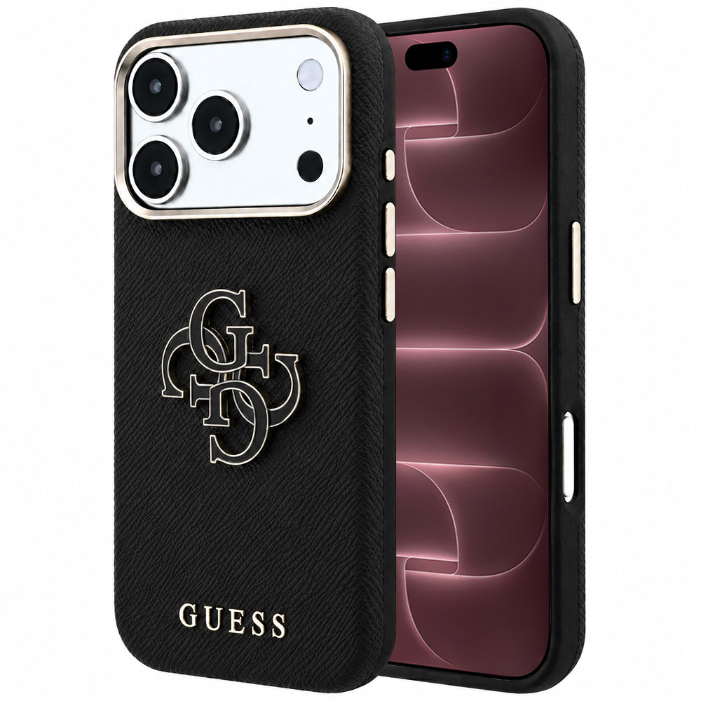 Husă Guess Grained Leather and Big Resin Logo pentru iPhone 17 Pro Max – negru — imagine 1