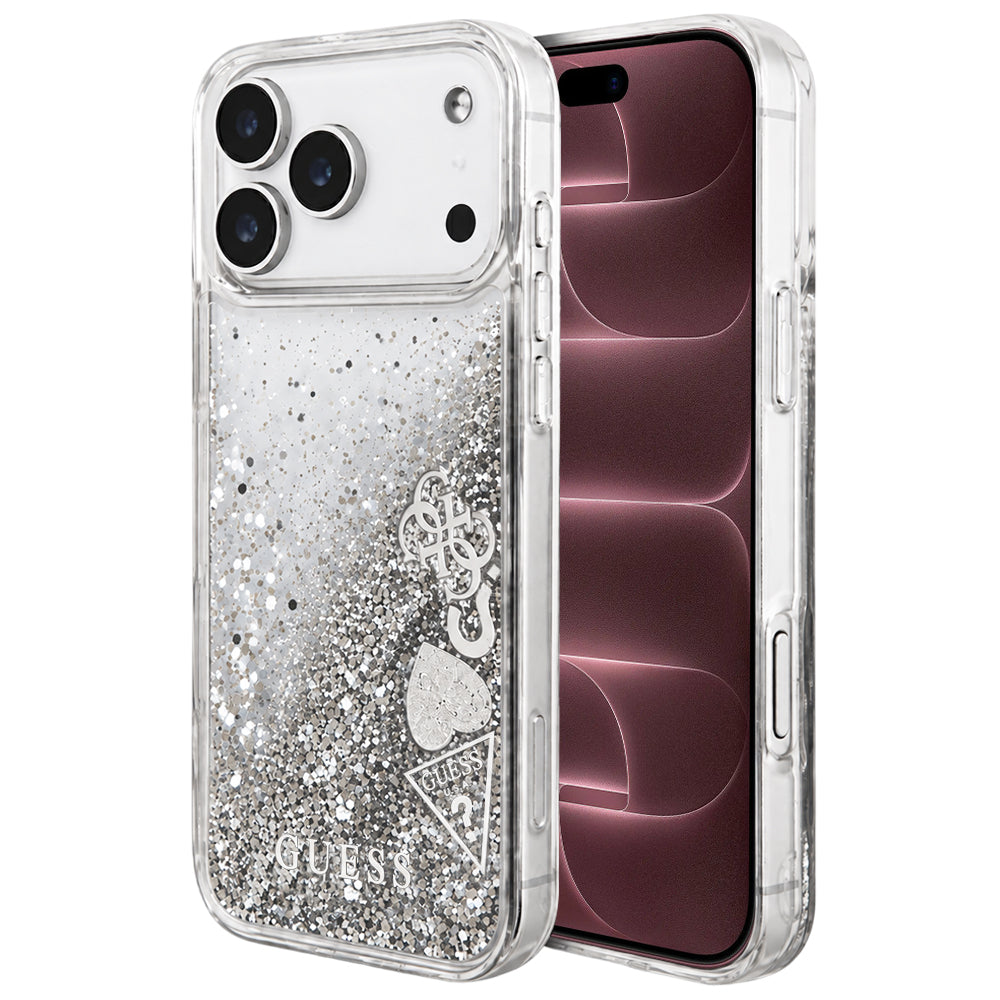 Husă Guess Liquid Glitter Charms pentru iPhone 17 Pro Max – argintiu (GUHCP18XGLHFLSI) — imagine 1