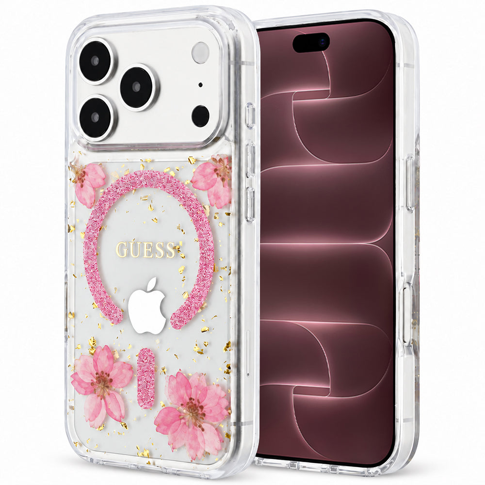 Husă Guess Resin Flowers and Glitter MagSafe pentru iPhone 17 Pro Max – roz (GUHMP18XRBFGFGMP) — imagine 1
