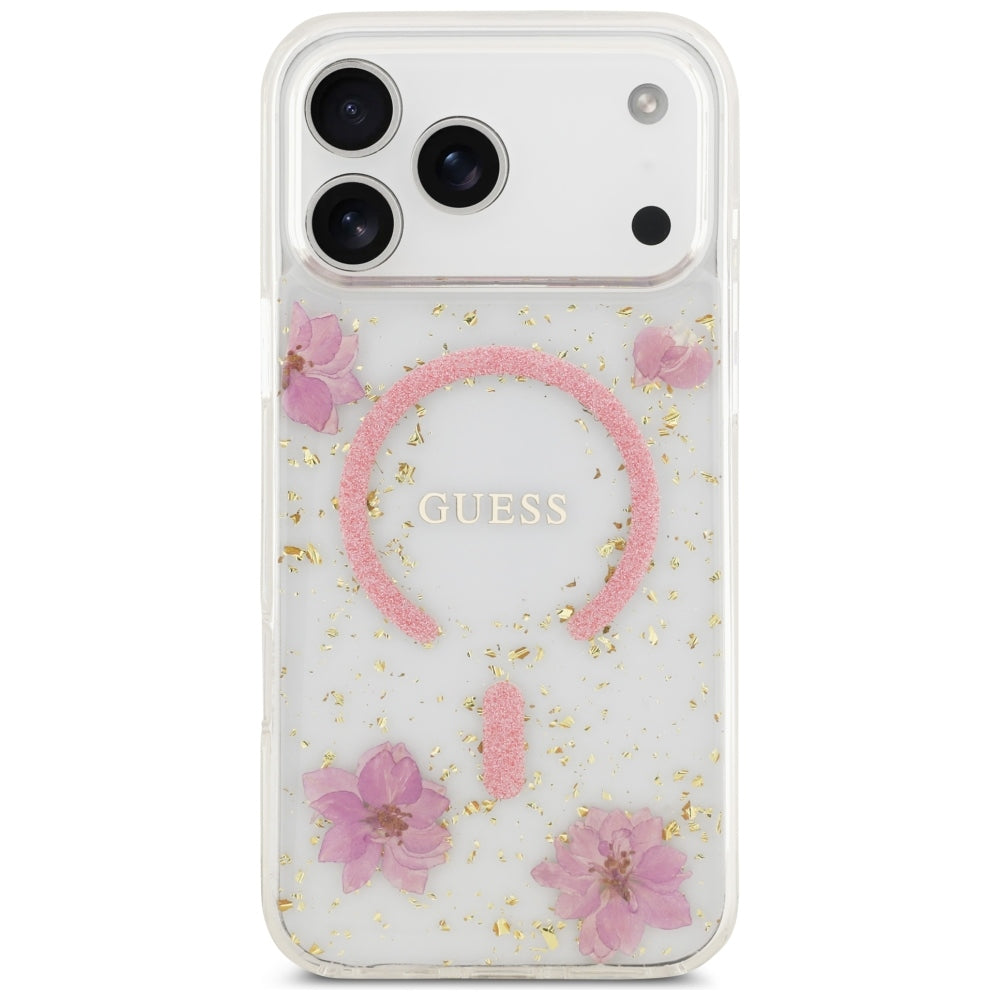 Husă Guess Resin Flowers and Glitter MagSafe pentru iPhone 17 Pro Max – roz (GUHMP18XRBFGFGMP) — imagine 2