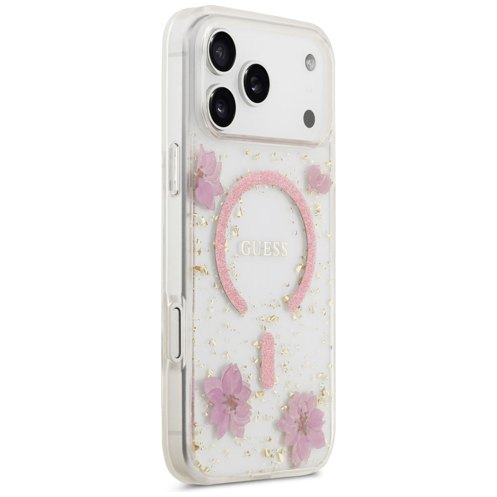 Husă Guess Resin Flowers and Glitter MagSafe pentru iPhone 17 Pro Max – roz (GUHMP18XRBFGFGMP) — imagine 3