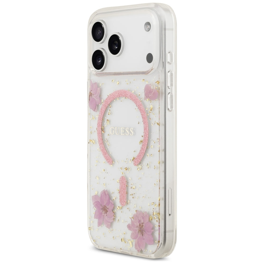 Husă Guess Resin Flowers and Glitter MagSafe pentru iPhone 17 Pro Max – roz (GUHMP18XRBFGFGMP) — imagine 4