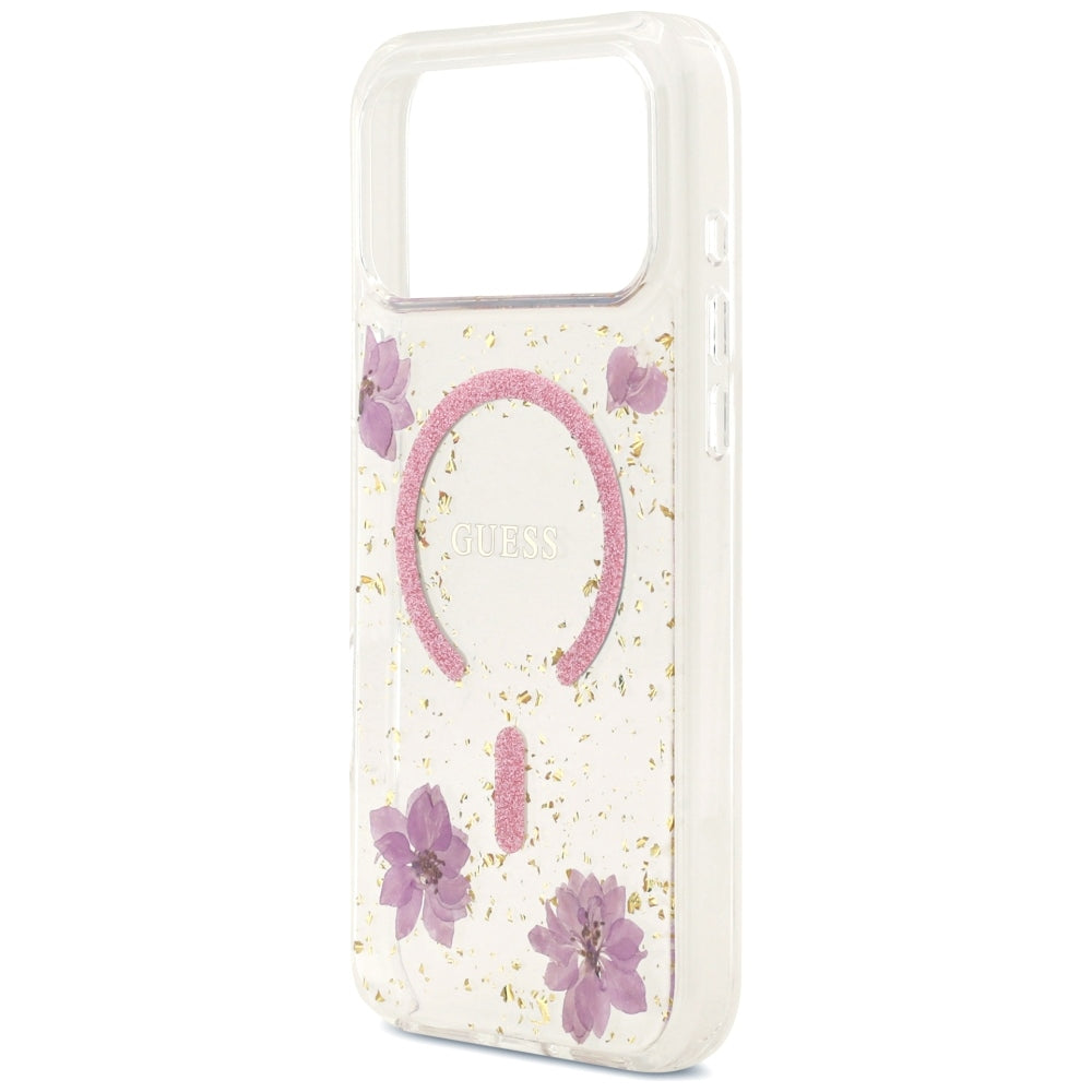 Husă Guess Resin Flowers and Glitter MagSafe pentru iPhone 17 Pro Max – roz (GUHMP18XRBFGFGMP) — imagine 5