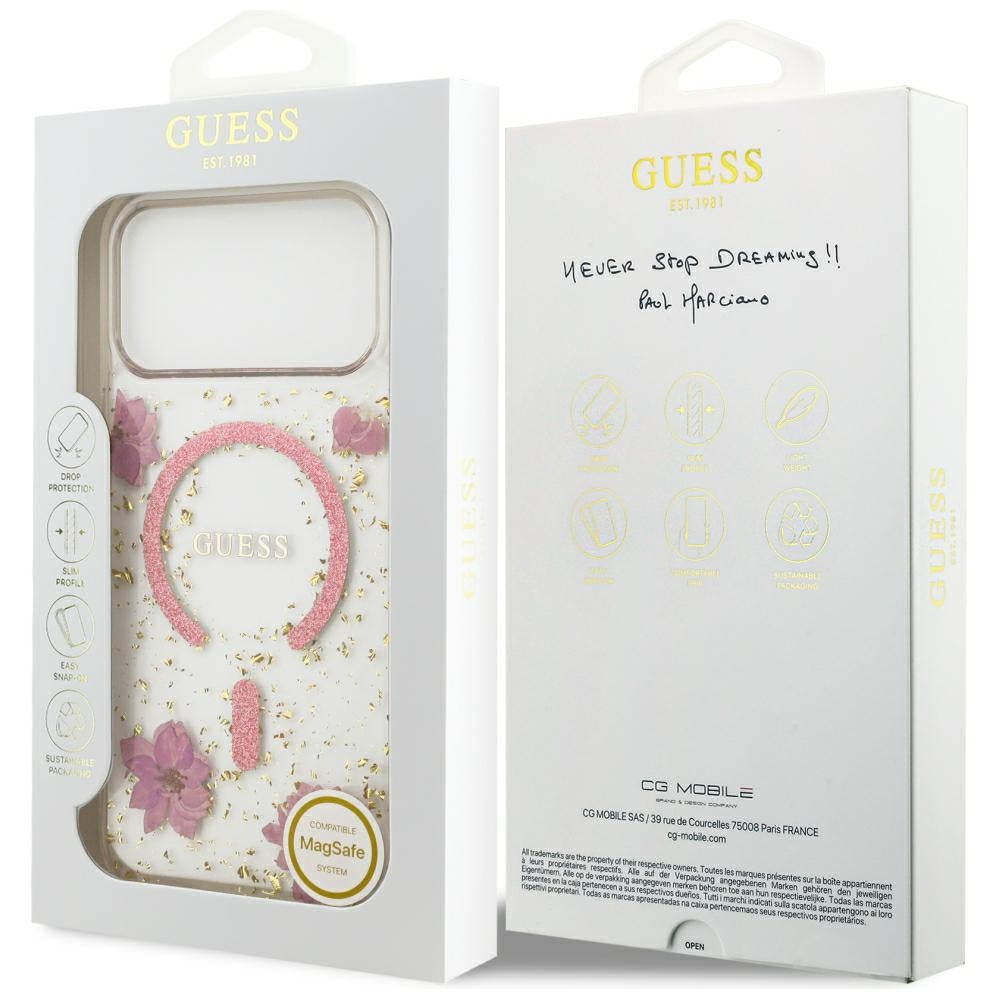 Husă Guess Resin Flowers and Glitter MagSafe pentru iPhone 17 Pro Max – roz (GUHMP18XRBFGFGMP) — imagine 7