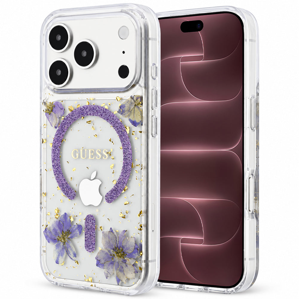 Husă Guess Resin Flowers and Glitter MagSafe pentru iPhone 17 Pro Max – mov (GUHMP18XRBFGFGMU) — imagine 1