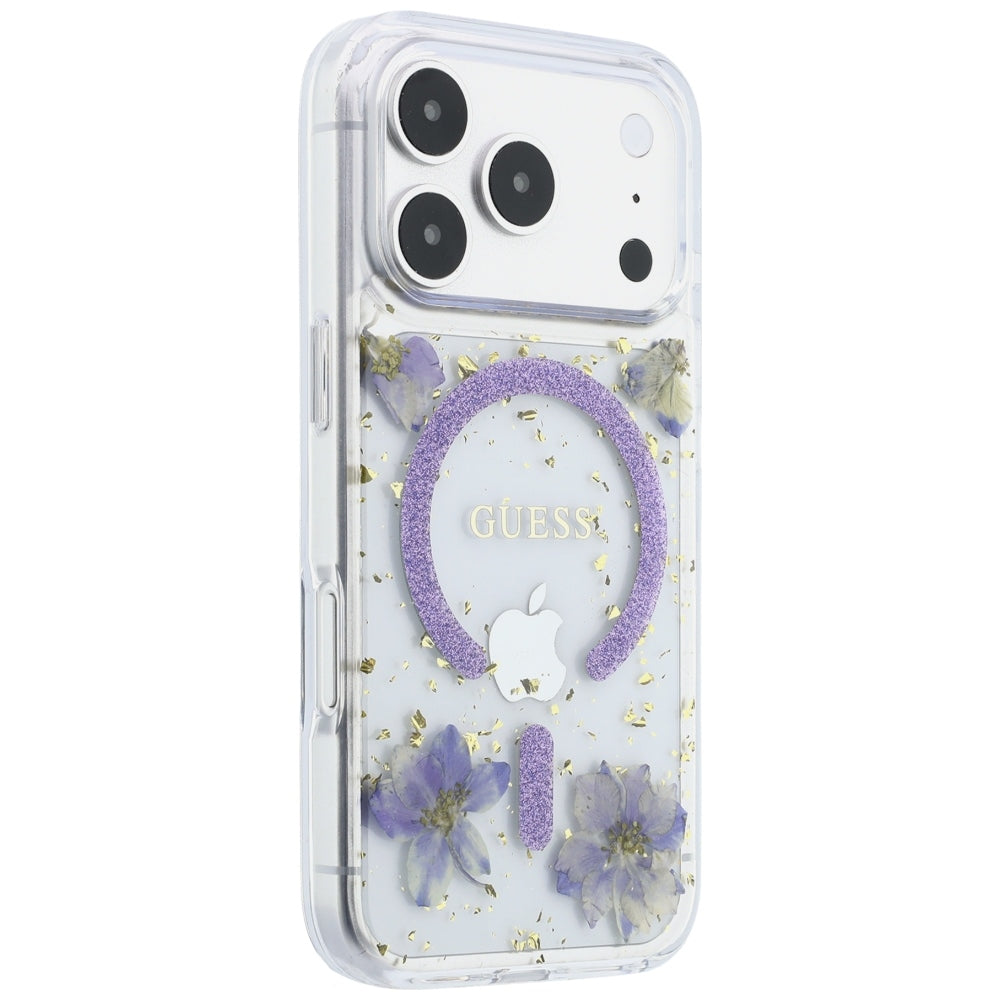 Husă Guess Resin Flowers and Glitter MagSafe pentru iPhone 17 Pro Max – mov (GUHMP18XRBFGFGMU) — imagine 3