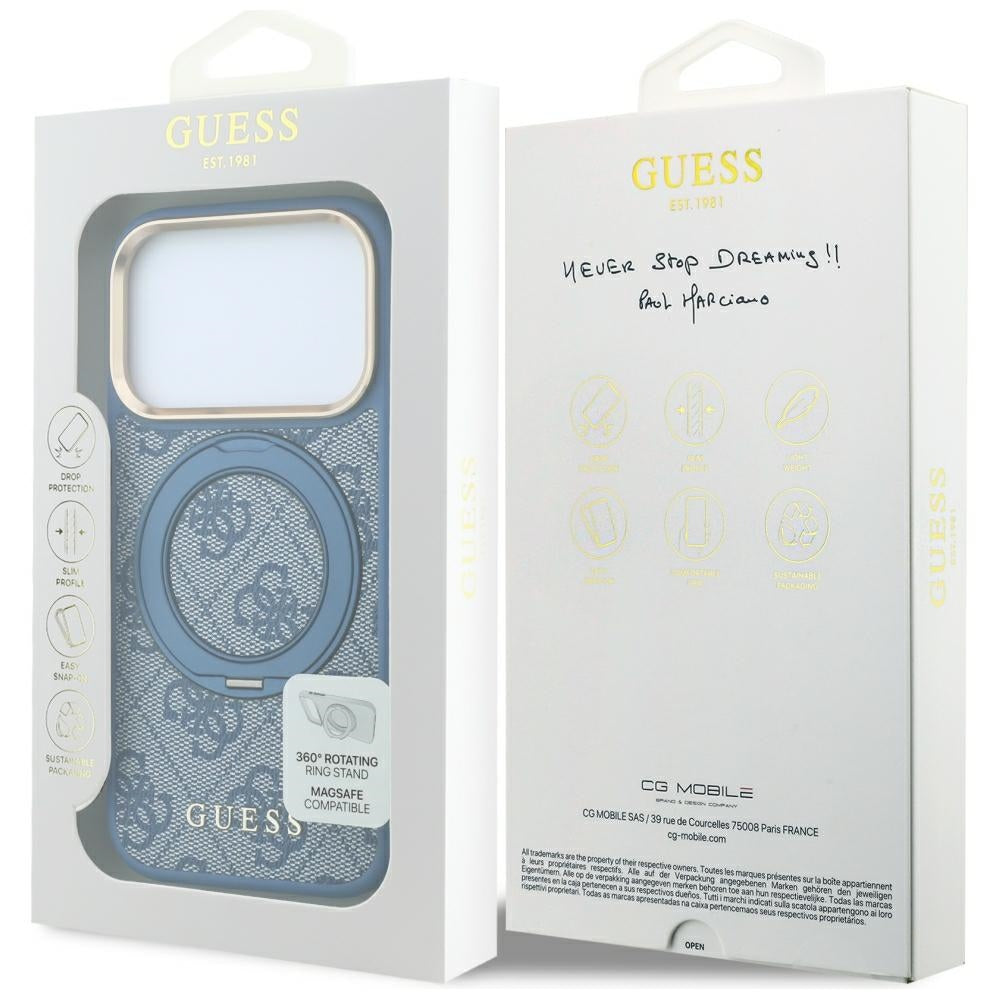 Husă Guess Ring Stand 360 4G Leather Classic Logo MagSafe pentru iPhone 17 Pro Max – albastru — imagine 7