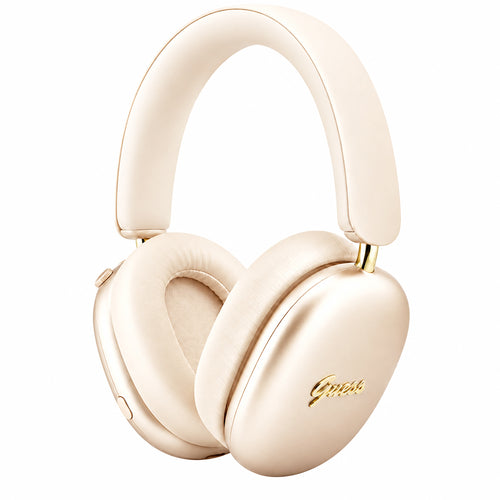 Căști wireless GUESS Metal Script Logo bej, vedere din unghi cu logo metalic