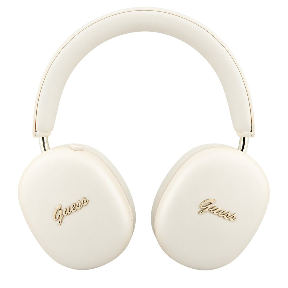 Căști GUESS Metal Script Logo bej, vedere frontală cu logo pe cupe