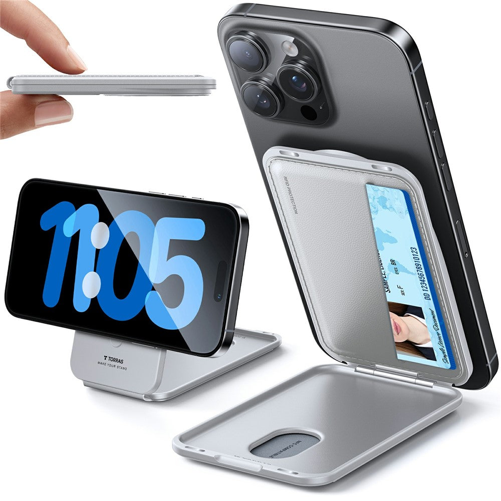 Portofel magnetic Torras gri, ilustrat pe telefon și ca suport de birou
