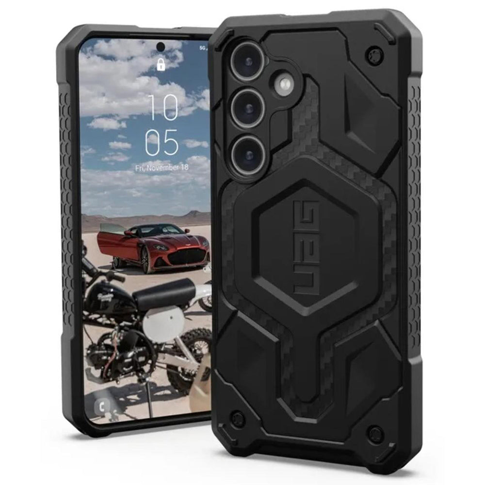 UAG Monarch Pro MagSafe Carbon Fiber Galaxy S24 – telefon văzut din față și din spate