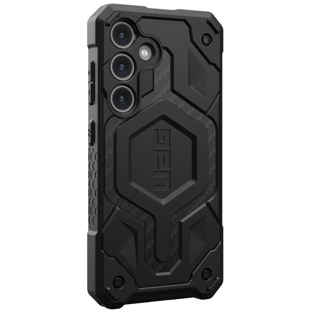 UAG Monarch Pro MagSafe Carbon Fiber Galaxy S24 – vedere oblică spate și butoane laterale