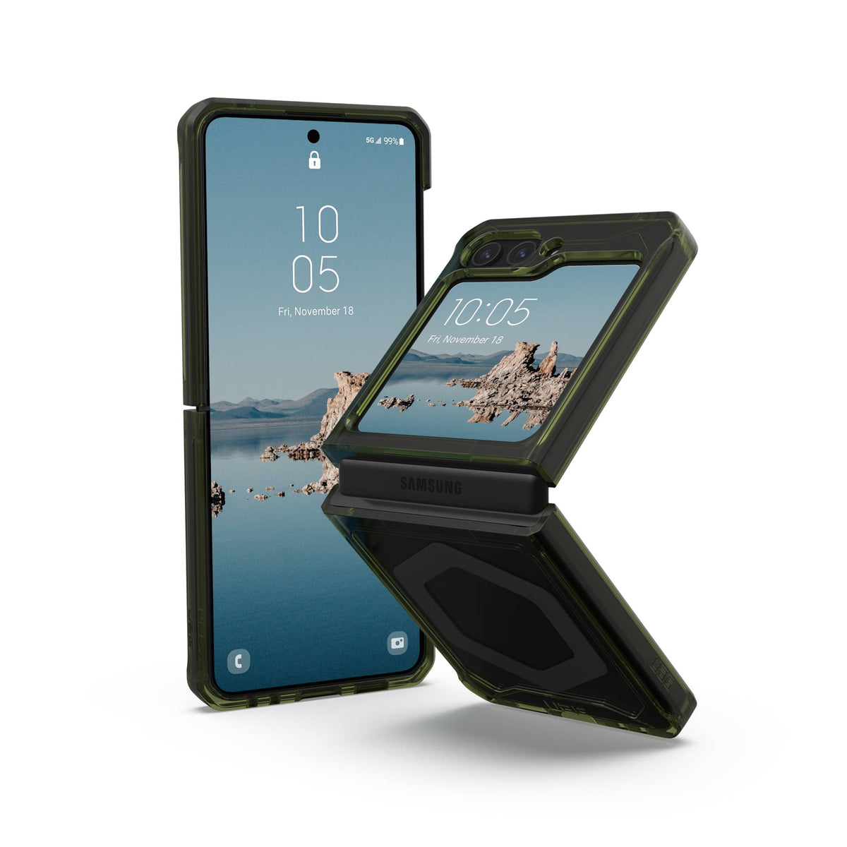 UAG Plyo Pro MagSafe Olive Space Grey Galaxy Z Flip5 – telefon deschis și parțial pliat, vedere compozită