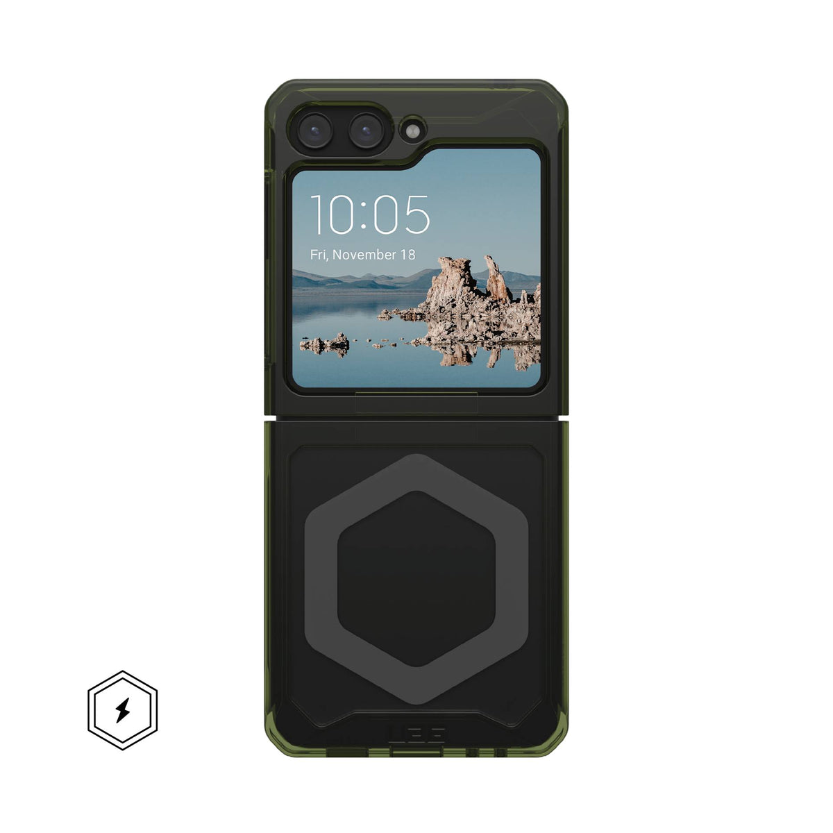 UAG Plyo Pro MagSafe Olive Space Grey Galaxy Z Flip5 – vedere spate cu acces la ecranul exterior