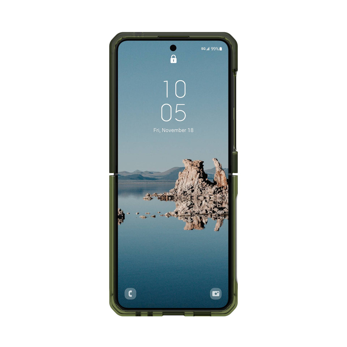 UAG Plyo Pro MagSafe Olive Space Grey Galaxy Z Flip5 – vedere frontală cu telefon deschis