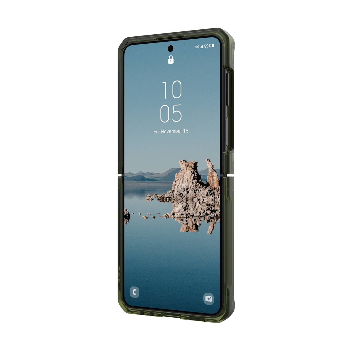 UAG Plyo Pro MagSafe Olive Space Grey Galaxy Z Flip5 – vedere frontală oblică din dreapta