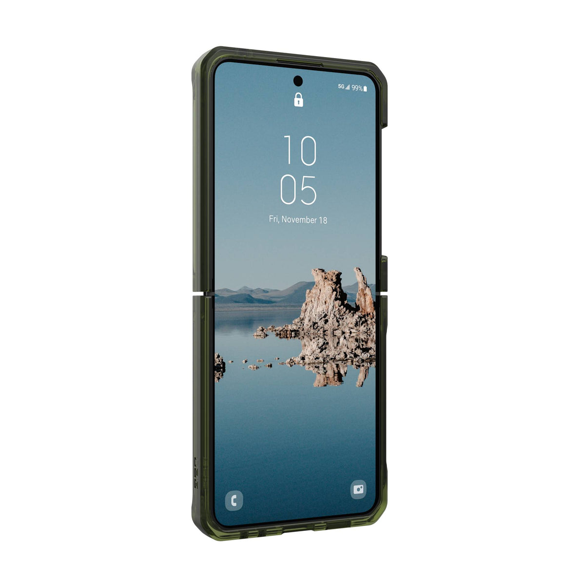 UAG Plyo Pro MagSafe Olive Space Grey Galaxy Z Flip5 – vedere frontală oblică din stânga