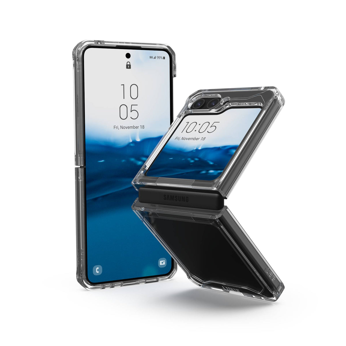 UAG Plyo Ice transparent Galaxy Z Flip5 – telefon deschis și parțial pliat, vedere compozită