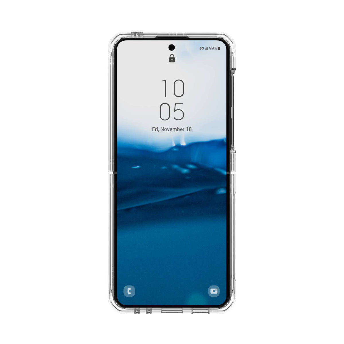UAG Plyo Ice transparent Galaxy Z Flip5 – vedere frontală cu telefon deschis