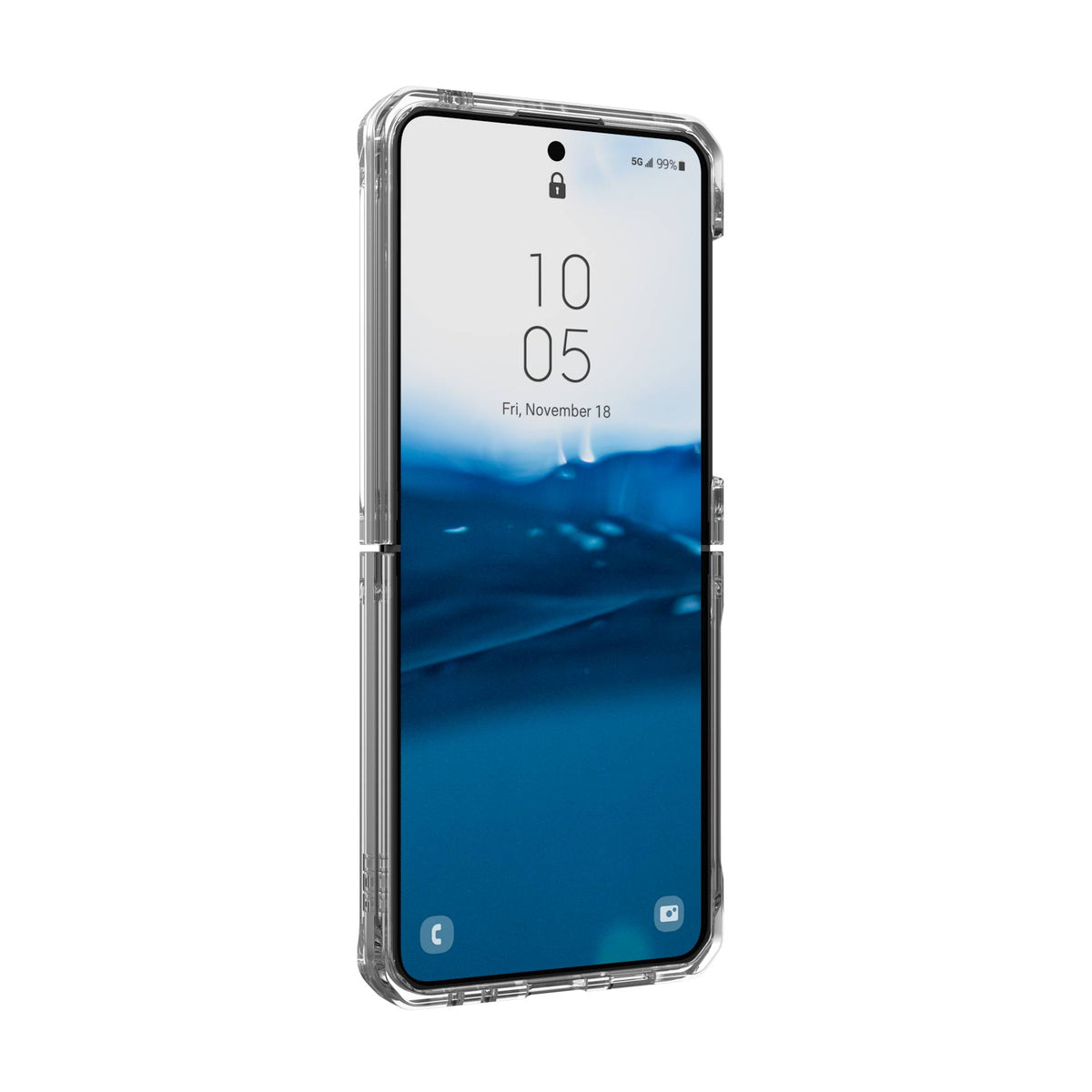 UAG Plyo Ice transparent Galaxy Z Flip5 – vedere frontală oblică din stânga