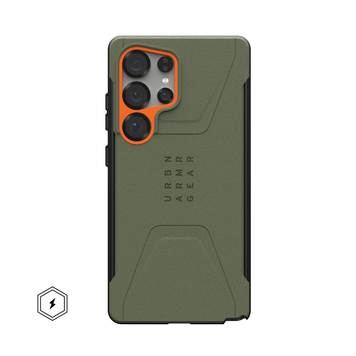 UAG Civilian MagSafe Olive Orange Galaxy S25 Ultra – vedere spate cu telefon montat