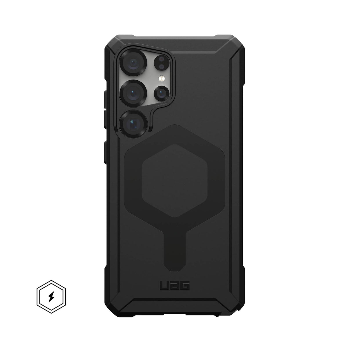 UAG Essential Armor MagSafe Black Galaxy S25 Ultra – vedere spate cu telefon montat