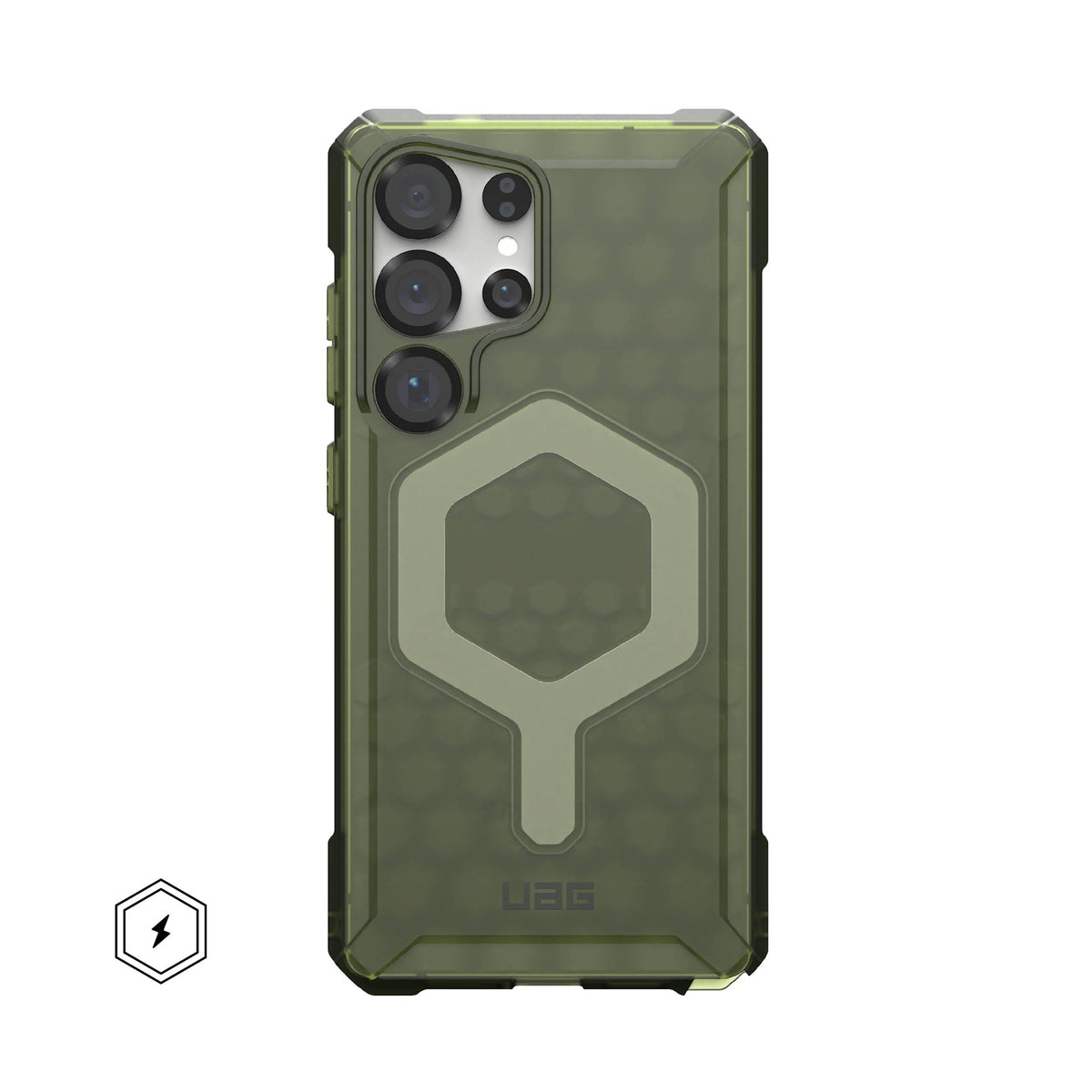 UAG Essential Armor MagSafe Olive Drab Galaxy S25 Ultra – vedere spate cu telefon montat