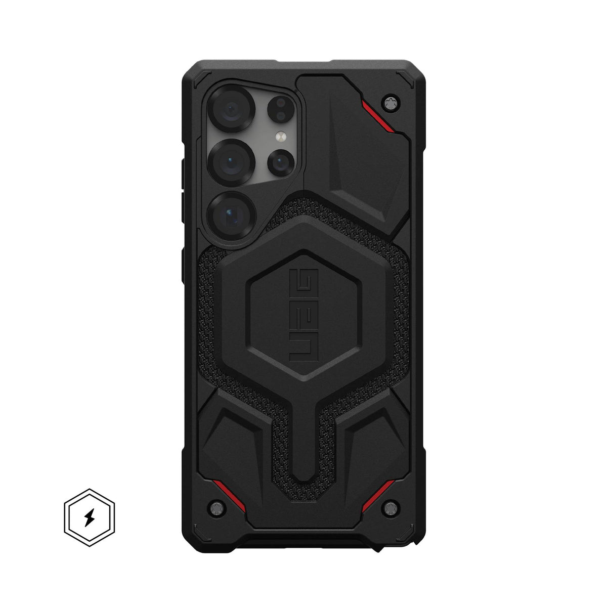 UAG Monarch Pro MagSafe Kevlar Black Galaxy S25 Ultra – vedere spate cu telefon montat