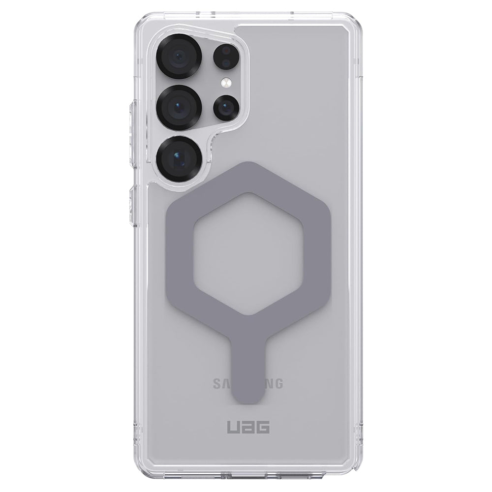 UAG Plyo Pro Ice Silver Galaxy S25 Ultra – vedere din spate cu telefon montat