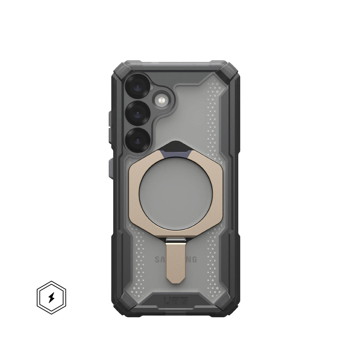 UAG Plasma XTE Ash/Titanium Galaxy S25 – spate fumuriu și suport metalic închis