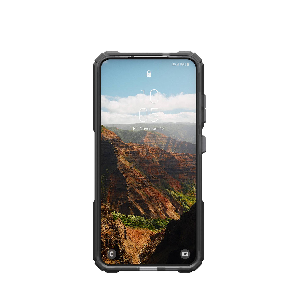 UAG Plasma XTE Ash/Titanium Galaxy S25 – vedere frontală cu telefon montat