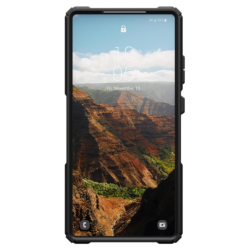 UAG Plasma XTE Black/Clear Galaxy S25 Ultra – vedere frontală cu telefon montat