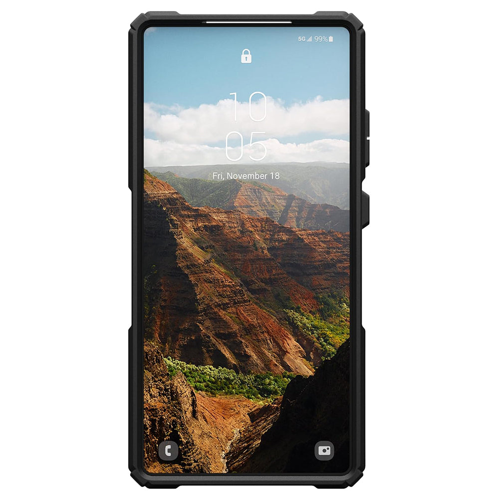 UAG Plasma XTE Black/Orange Galaxy S25 Ultra – vedere frontală cu telefon montat