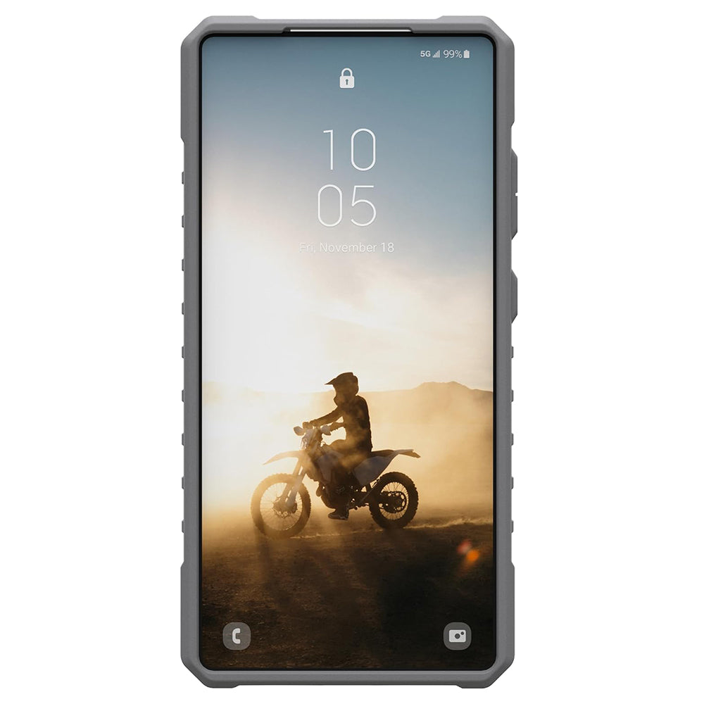 UAG Pathfinder Clear Active Lava Galaxy S25 Ultra – vedere frontală cu telefon montat