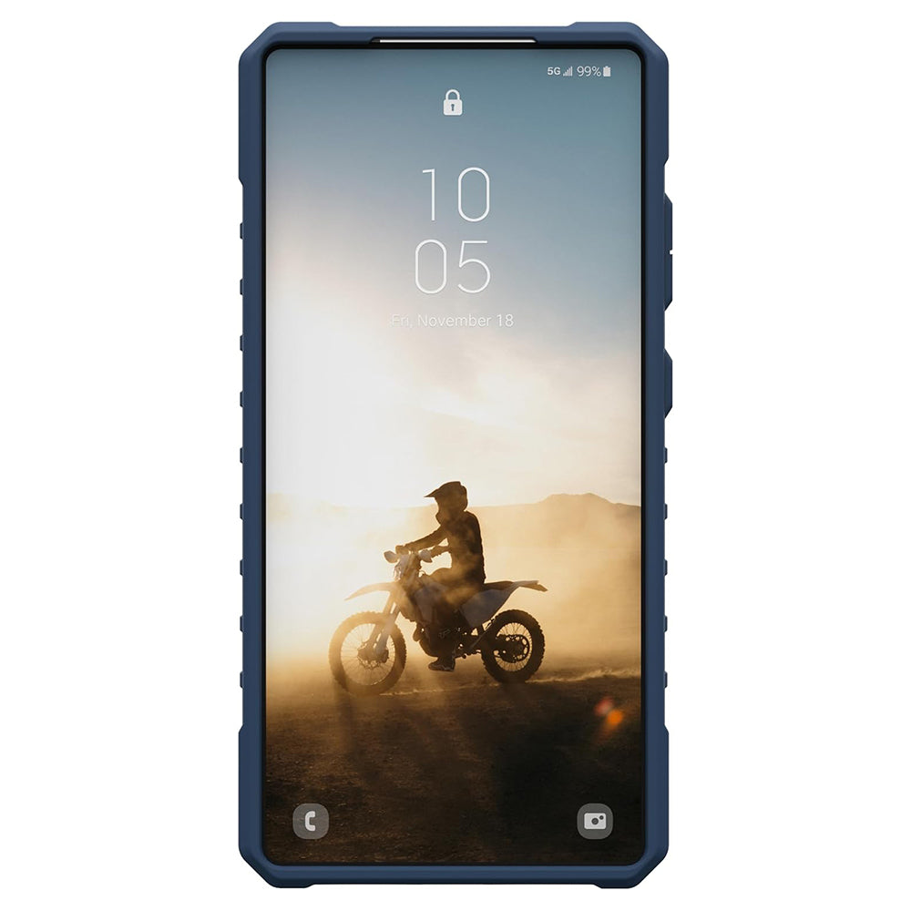UAG Pathfinder Clear Blues Galaxy S25 Ultra – vedere frontală cu telefon montat