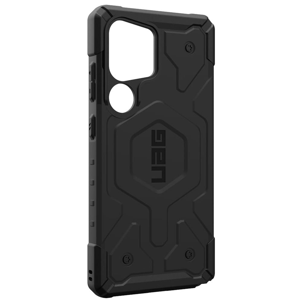UAG Pathfinder Black Galaxy S25 Ultra – vedere oblică a carcasei și decupajelor