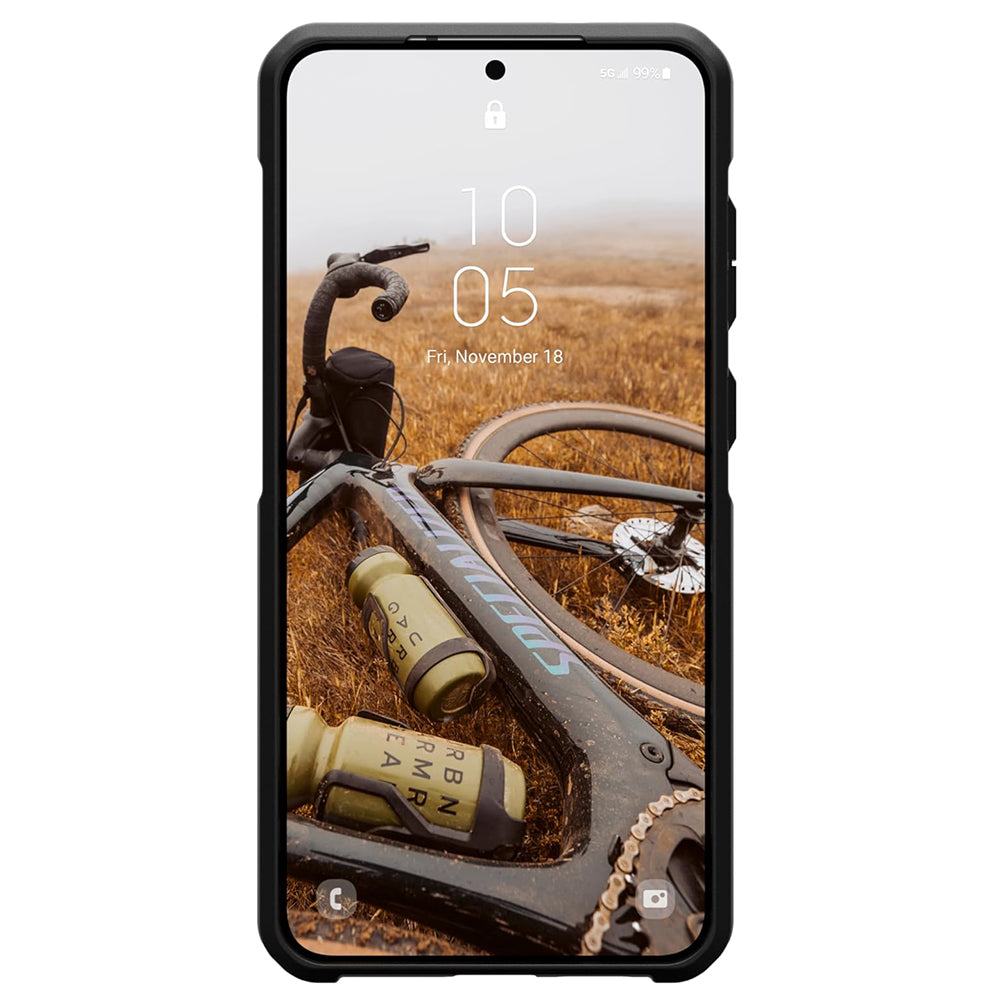 UAG Metropolis LT Kevlar Black Galaxy S25 Plus – vedere frontală cu telefon montat