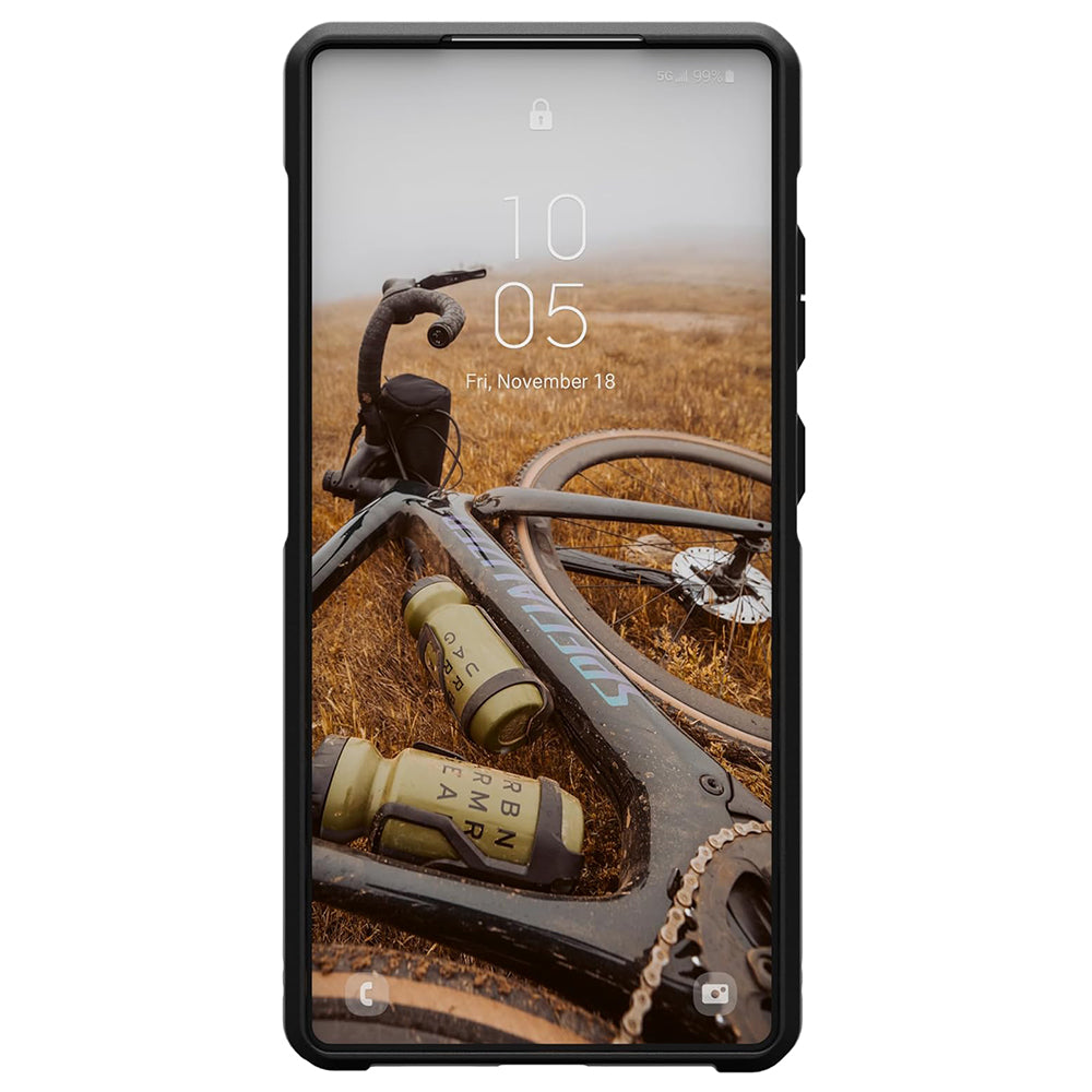 UAG Metropolis LT Topography Black Galaxy S25 Ultra – vedere frontală cu telefon montat