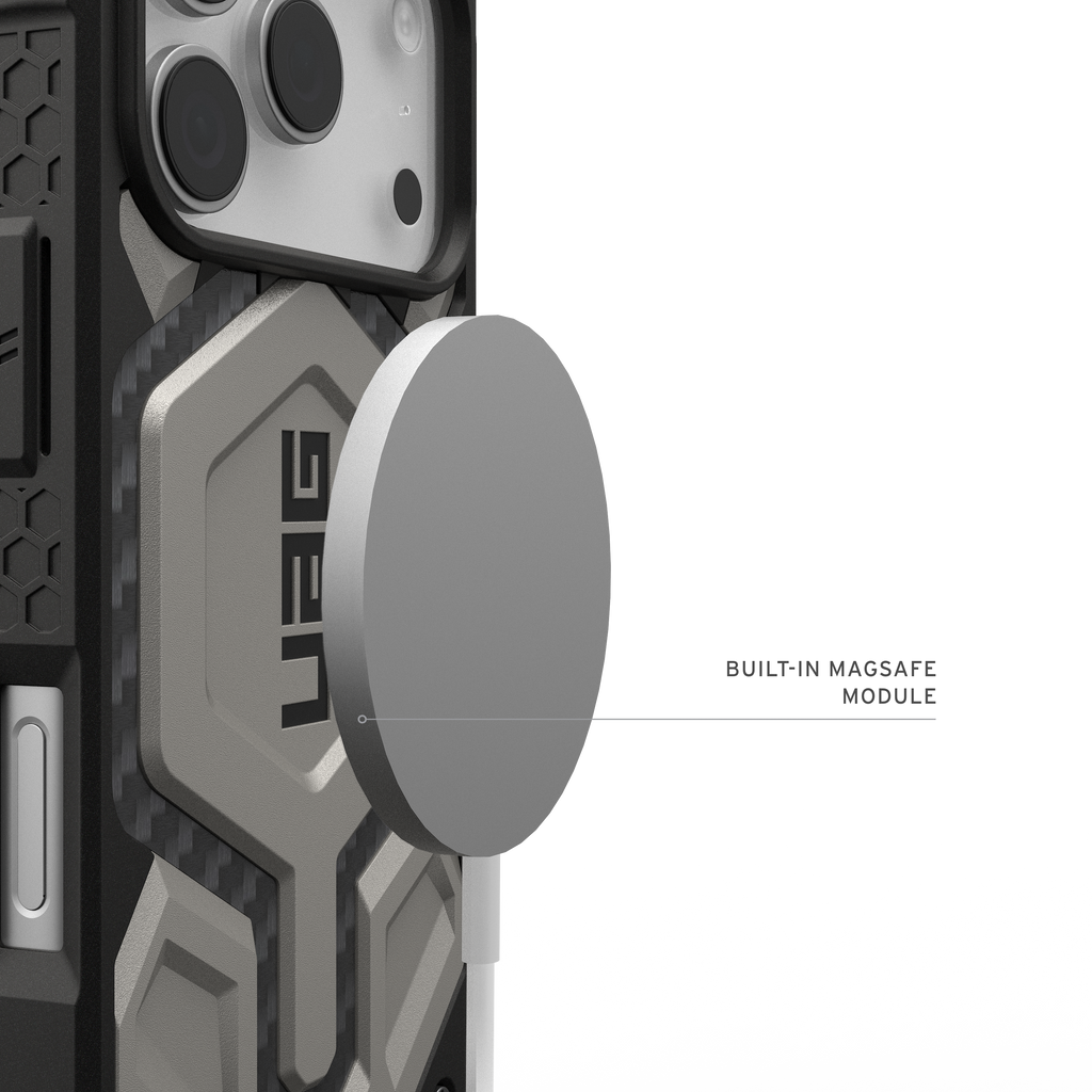 UAG Monarch Pro Titanium iPhone 17 Pro – modul MagSafe cu încărcător ilustrativ